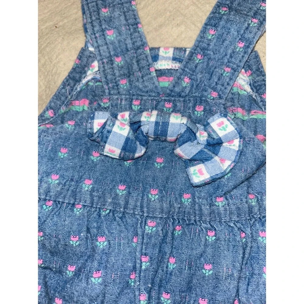 Vintage 80s OshKosh Bgosh Girls 2T Blue Floral Denim Shortalls Gingham‎ Toddler